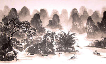 Chinese landscape watercolor paintingの写真素材
