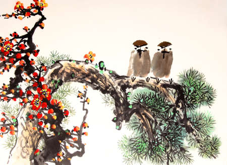 chinese ink painting bird and treeの写真素材