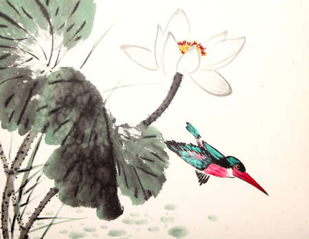 ink lotus painting hand drawn birdの写真素材
