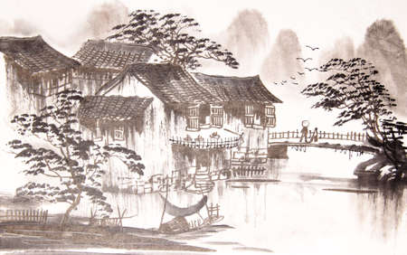 Chinese drawing water townの写真素材