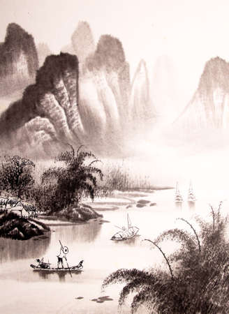 Chinese landscape watercolor paintingの写真素材