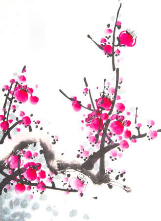 Chinese watercolor cherry paintingの写真素材