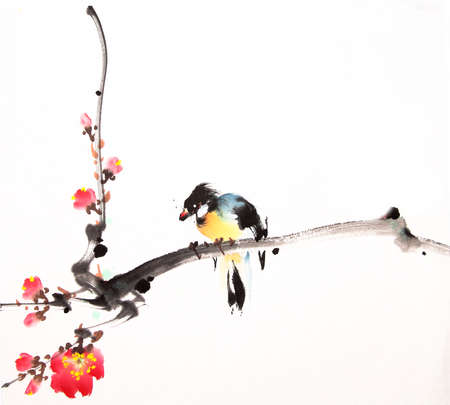 Chinese ink painting bird and plantの写真素材