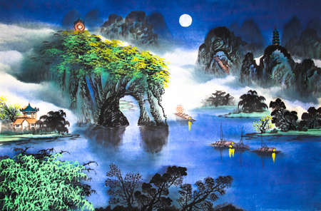 Chinese landscape watercolor paintingの写真素材
