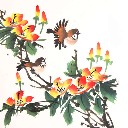 Chinese ink painting bird and plantの写真素材