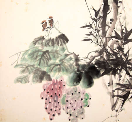 Chinese ink painting bird and plantの写真素材