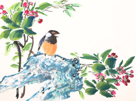 Chinese ink painting bird and plantの写真素材