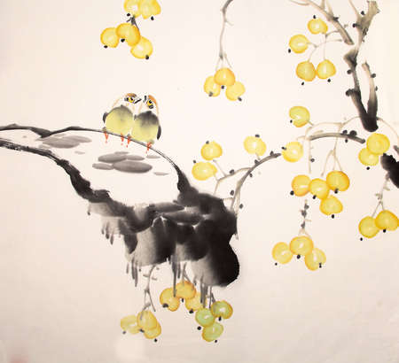 Chinese ink painting bird and plantの写真素材