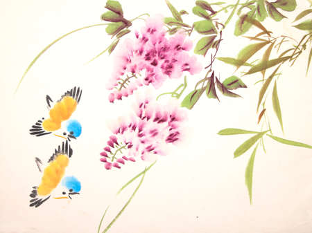 Chinese ink painting bird and plantの写真素材