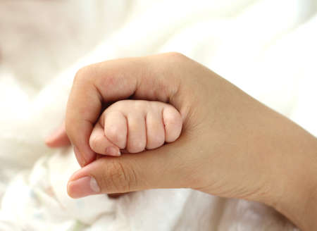 mother holding the baby's handの写真素材