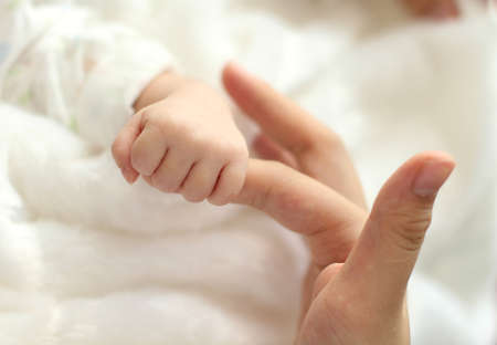 mother holding the baby's handの写真素材
