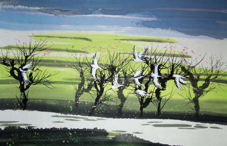 Chinese traditional painting of cranesの写真素材