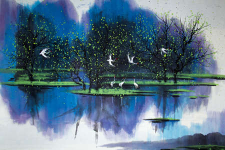 Chinese traditional painting of cranesの写真素材