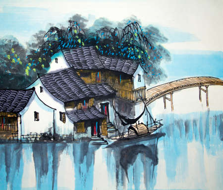Chinese traditional painting of water houseの写真素材