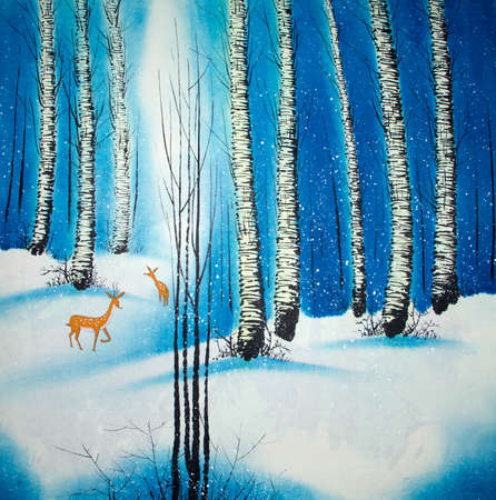 deer and forrest watercolor paintingの写真素材