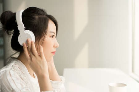 office lady in a headphoneの写真素材