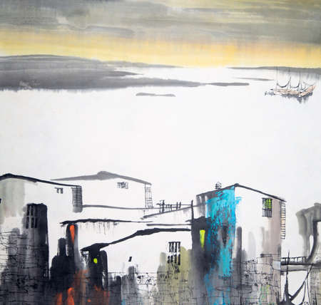 Chinese painting of buildings and sceneryの写真素材