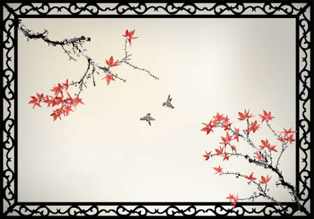 Chinese painting of maple tree and birdsのイラスト素材