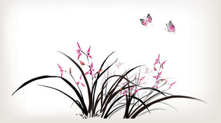 Chinese painting of maple tree and birdsのイラスト素材