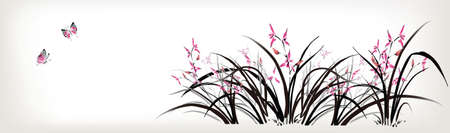 Chinese painting of maple tree and birdsのイラスト素材