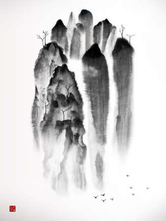 Chinese traditional landscape painting of mountains with water fallの写真素材