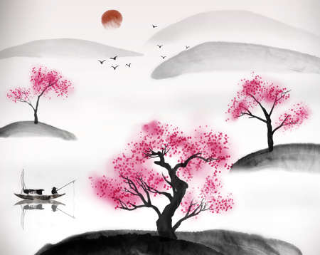 Chinese traditional landscape painting of lakeの写真素材