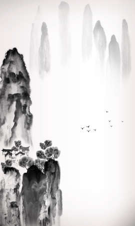 Chinese traditional landscape painting of mountain and housesの写真素材