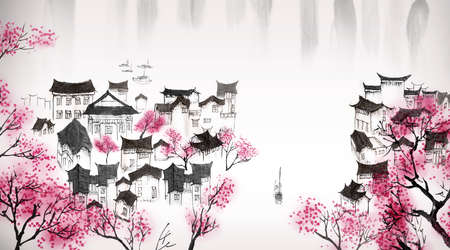 Chinese traditional landscape painting of little townの写真素材