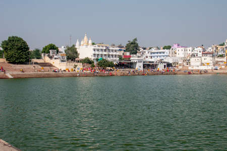 Pushkar Lake or Pushkar Sarovar is a sacred lake of the Hindus is located in the town of Pushkar in...