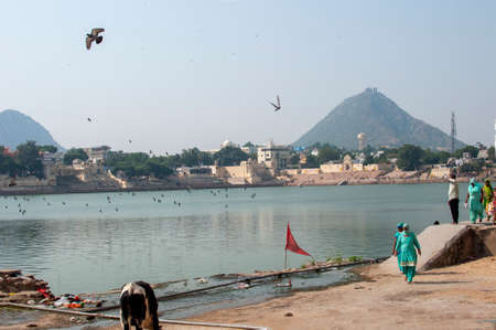 Pushkar Lake or Pushkar Sarovar is a sacred lake of the Hindus is located in the town of Pushkar in Ajmer district of the Rajasthan state of western Indiaのeditorial素材