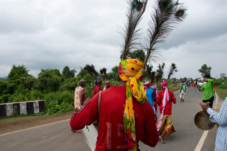 Tribal people performing folk dance in a forested area at Ajodhya Hills Purulia, West Bengalの写真素材