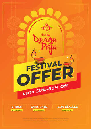 Durga Puja Festival Offer A4 Poster Design Layout Template Vector Illustrationのイラスト素材