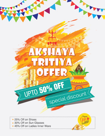 Happy Akshaya Trtitiya Festival Offer poster design with a golden diya and golden Kalash illustrationのイラスト素材