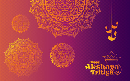 Happy Akshaya Tritiya Banner with mandala ornament. Vintage decorative elements. Hand drawn background.のイラスト素材