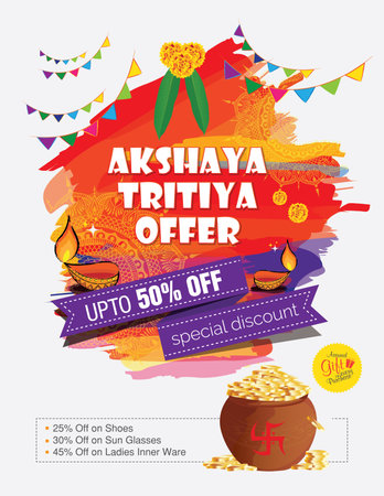 Happy Akshaya Trtitiya Festival Offer poster design with a golden diya and golden Kalash illustrationのイラスト素材