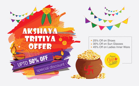Happy Akshaya Tritiya festival greeting background with kalash and diyaのイラスト素材