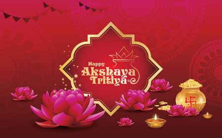 Happy Akshaya Tritiya festival greeting background with kalash and diyaのイラスト素材