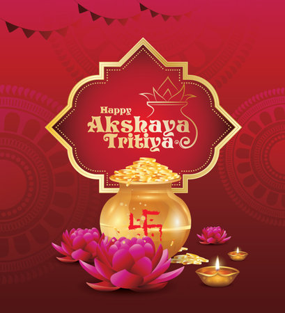 Happy Akshaya Tritiya festival greeting background with kalash and diyaのイラスト素材
