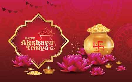 Happy Akshaya Tritiya festival greeting background with kalash and diyaのイラスト素材