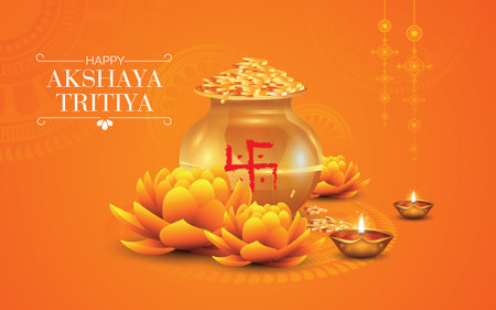 Happy Akshaya Tritiya festival greeting background with kalash and diyaのイラスト素材