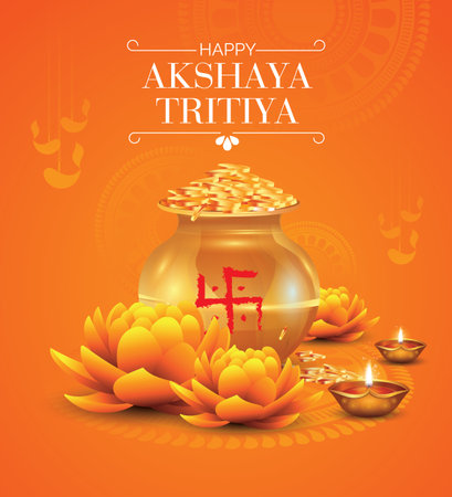 Happy Akshaya Tritiya festival greeting background with kalash and diyaのイラスト素材