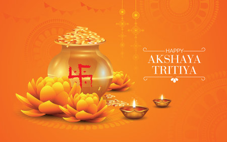 Happy Akshaya Tritiya festival greeting background with kalash and diyaのイラスト素材