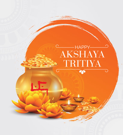 Happy Akshaya Tritiya festival greeting background with kalash and diyaのイラスト素材