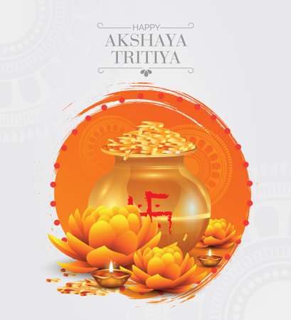 Happy Akshaya Tritiya festival greeting background with kalash and diyaのイラスト素材
