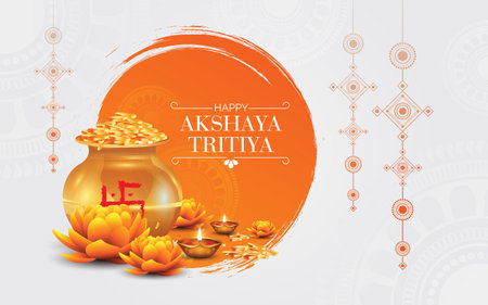 Happy Akshaya Tritiya festival greeting background with kalash and diyaのイラスト素材