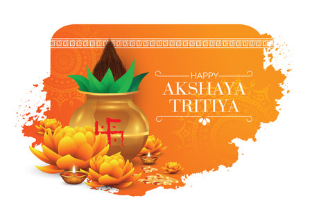 Happy Akshaya Tritiya festival greeting background with kalash and diyaのイラスト素材