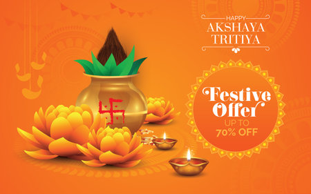 Happy Akshaya Trtitiya Festival Offer poster design with a golden diya and golden Kalash illustrationのイラスト素材