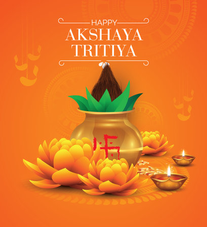 Happy Akshaya Tritiya festival greeting background with kalash and diyaのイラスト素材