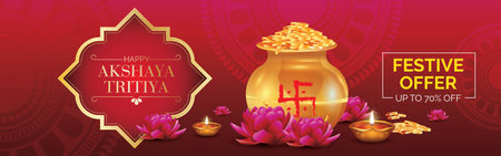 Happy Akshaya Tritiya festival of India banner with realistic diya and full of gold coins pot illustrationのイラスト素材