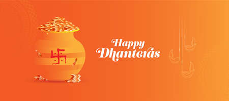 Happy Dhanteras Background Design Template with Golden Coin Pot Illustrationのイラスト素材